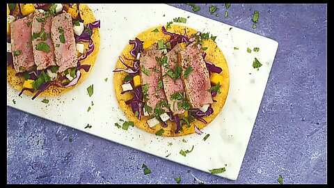 Air Fryer Tuna Steak Tostadas with Jicama Slaw