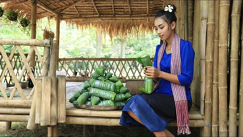 Cooking traditional Sticky rice cake with pork in Cambodia