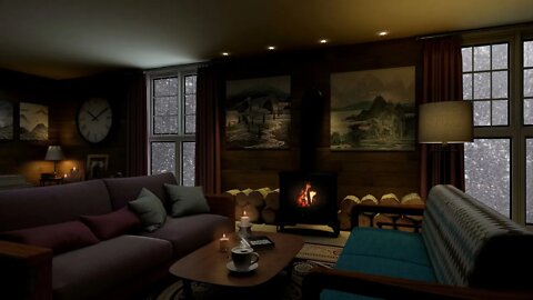 Cozy living room and fireplace sounds. The crackling of logs.