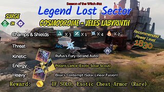 Destiny 2 Legend Lost Sector: Cosmodrome - Veles Labyrinth on my Solar Hunter 9-22-23