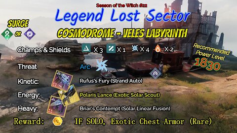 Destiny 2 Legend Lost Sector: Cosmodrome - Veles Labyrinth on my Solar Hunter 9-22-23