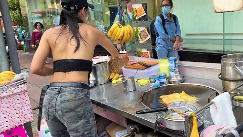 UNMASKED! The Most beautiful & Hard Working Girl In Bangkok Sells Banana Pancake Roti