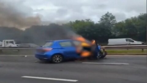 A car has burst into flames after a crash on the M61 near Manchester