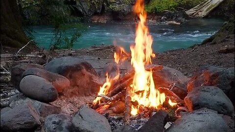 Crackling Camp Fire by a Mountain River Rapids ASMR Campfire Relaxing Water Sounds Sleep Study