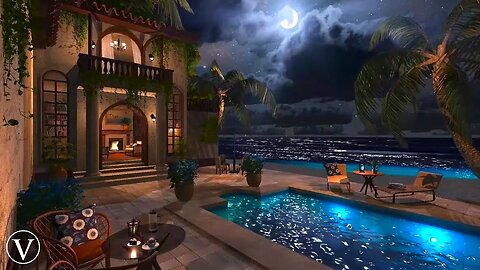 Beach Villa Night Ambience | Ocean Waves & Nature Sounds