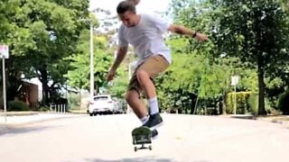 Amazing jump rope skateboarding trick