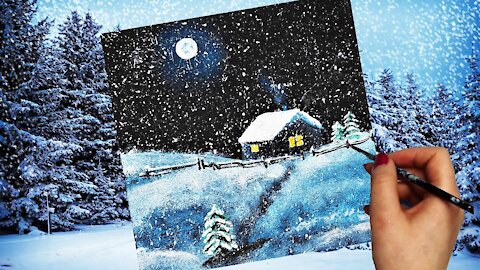 Painting Videos Relaxing Music Fabulous WINTER Landscape Forest HUT on a Black Canvas #WOW ART