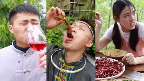 Funny spicy chinese food challenge - Tik Tok China Jungle Life & Food Part 2