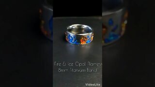 Flames Titanium Ring Inlaid With Fire And Ice Crushed Opals. YinYang Theme. www.TwinFlameRings.com