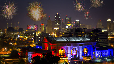 Fireworks in slow motion over Downtown Kansas City