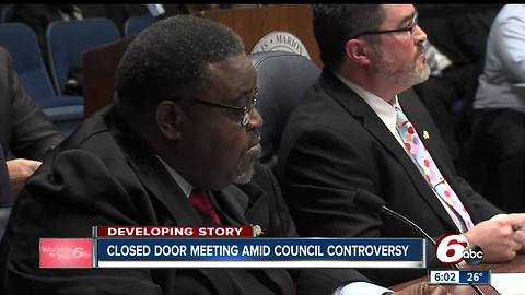 Democrats met behind closed doors Thursday to discuss possible action about City-County Council President Stephen Clay