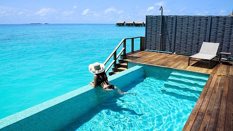 Inside a water pool villa in Kuramathi, Maldives