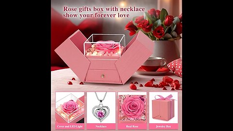 Preserved Rose with Necklace in Gift Box, Pink Eternal Rose Flower Valentines Day Gifts for Her