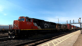 CN 5777 & UP 5455 Engines Intermodal Train Eastbound In Ontario