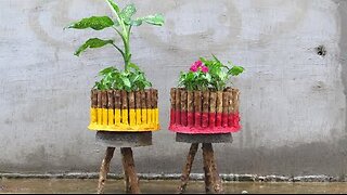 Recycling wood stick and cement into beautiful flower pots for small garden