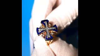 Review 14K Gold Openwork Christian Ring with 25 Diamonds and Blue Enamel