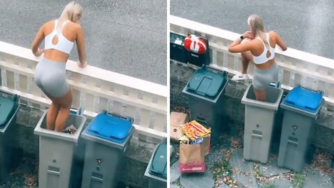 Woman literally stands on top of garbage bin to tamp it down