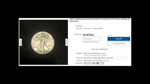 Auction Ends Today: 1946-S Walking Liberty Half Dollar XF Condition 90% Silver Vintage US Mint Coin