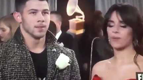 Camila Cabello Awkwardly Reunites with Nick Jonas, Blows Him Kisses | 2018 Grammys