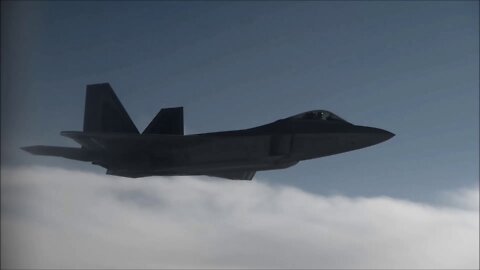 F-22 Raptors fly in formation and conduct arial refueling