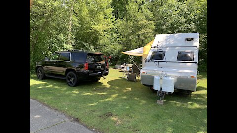 Solo Camping at Lakeport Michigan. A-Frame Camper, pop up camper. Cooking steak on grill.