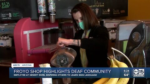 Deaf frozen yogurt shop employee inspiring others to learn sign language