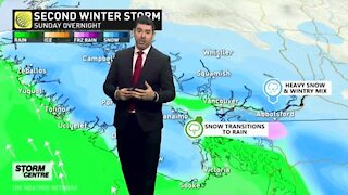 Messy winter storm to bring copious snowfall, rain to B.C. Sunday