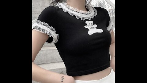 Goth T Shirts Fashion Kpop Bear Print Graphic T Shirts Summer E Girl Lace Crop Top MINGLIUSILI