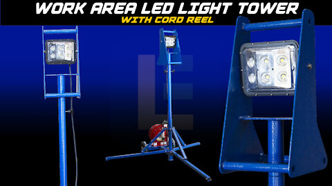 60 Watt Base Stand Work Area LED Light Tower - Quadpod Mount - 8' Height - Retractable 50' Cord Reel