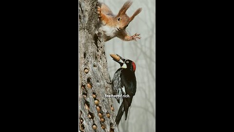 Squirrel Steals Acorn, Woodpecker Retaliates!