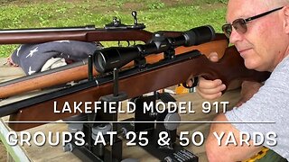 Lakefield model 91T 22lr target rifle at the range groups at 25 and 50 yards. Aguila super extra