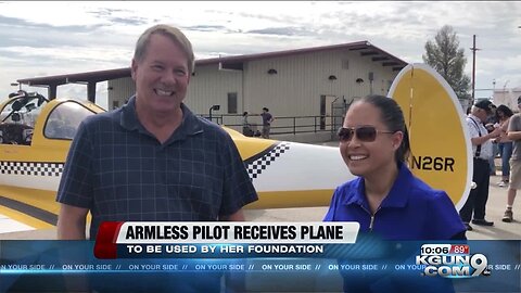 Armless pilot receives a plane for her foundation from a donor