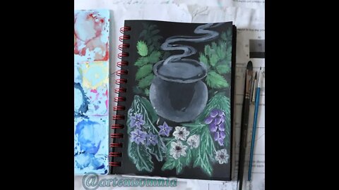 Cauldron & Medicinal Plants Gouache Painting #shorts #shortsreel #shortsfeed