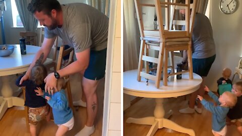Dad Hilariously Struggles To Keep Triplets From Climbing Furniture