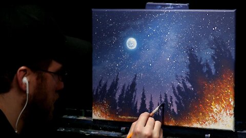 Acrylic Landscape Painting of A Starry Sky and Fire - Time Lapse - Artist Timothy Stanford