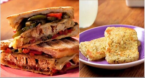 CHICKEN AND BELL PEPPER PANINI and CHEESY HASH BROWNS