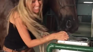 Thirsty Horse And Girl Drink From Water Fountain In Unison