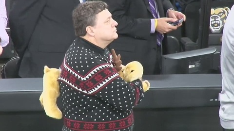 Oakland's Greg Kampe wears the best Ugly Christmas Sweater EVER