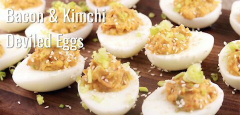 Bacon & Kimchi Deviled Eggs (Keto Diet)