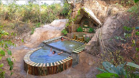 Build Beautiful Swimming Pool & Secret House Underground Using Bamboo