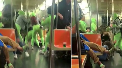 Group of women dressed in green bodysuits attack women on NYC subway