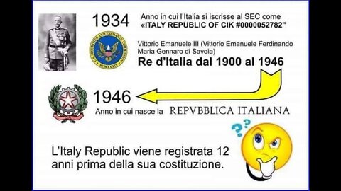 L'Italia e' una Corporation privata e gli Italiani sono dei titoli (Bond) Italia dal 1933, è una corporation privata, iscritta al S. E. C. di Washington DC.la repubblica italiana attuale è nata poi nel 1946!!