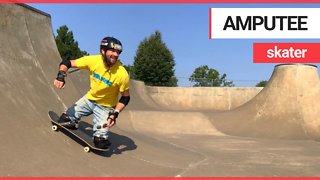 Amputee Skateboarder hurtling down hill at breakneck speed