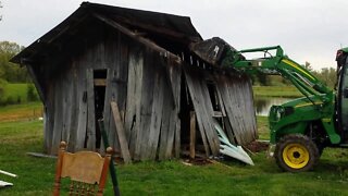 Old barn demolition with John Deere tractor!