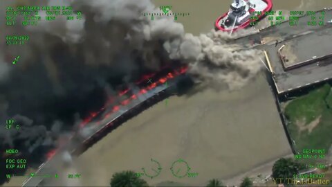 CHP flies over a 4-alarm pier fire burning near the Benicia Bridge