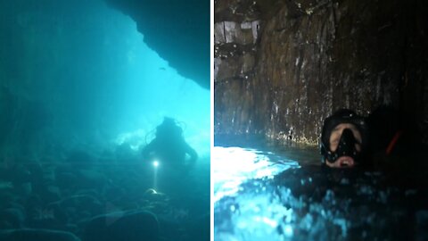 Entering air bubbles trapped inside an underwater cave