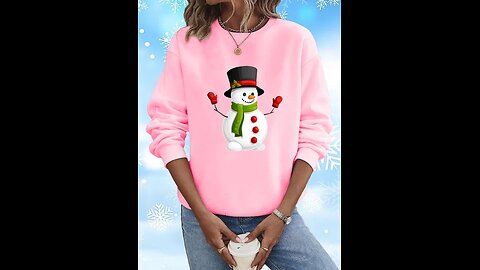 Christmas Snowman Casual Loose Crew Neck Sweatshirt, Color Pink, Women Clothing Online