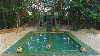 Build Twin Water Slide To Race Swimming Pool Using Bamboo