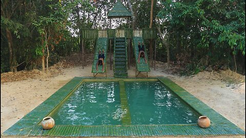 Build Twin Water Slide To Race Swimming Pool Using Bamboo