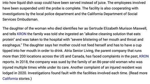 在加州長者生活設施悲劇. 三位女人被餵洗碗液而不是果汁. 其中一位送院後死亡
